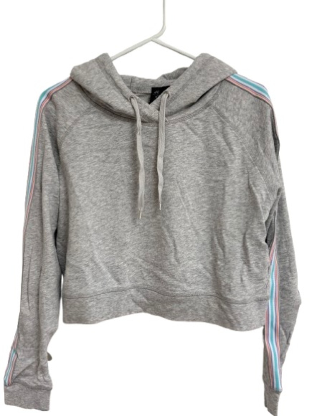 Sky Gray Cropped Hoodie with Pink & Blue Stripe Accents